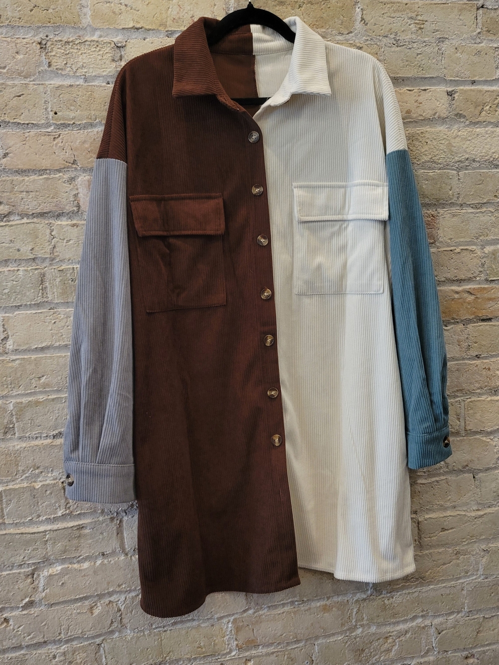 Colorblock Corduroy Longline Shirt Jacket - Brown & Cream